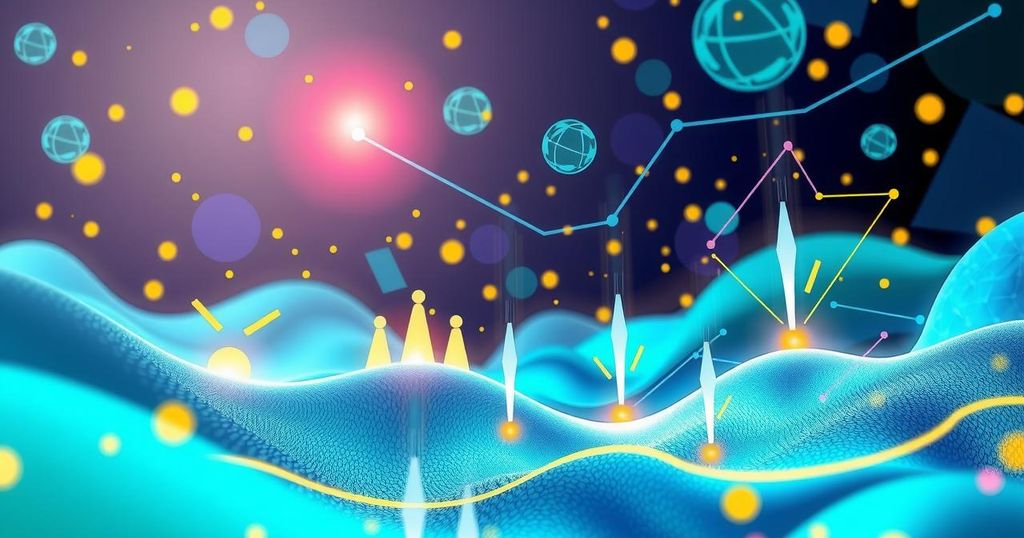 A vibrant digital landscape depicting AI education, featuring bright colors and abstract technology elements.