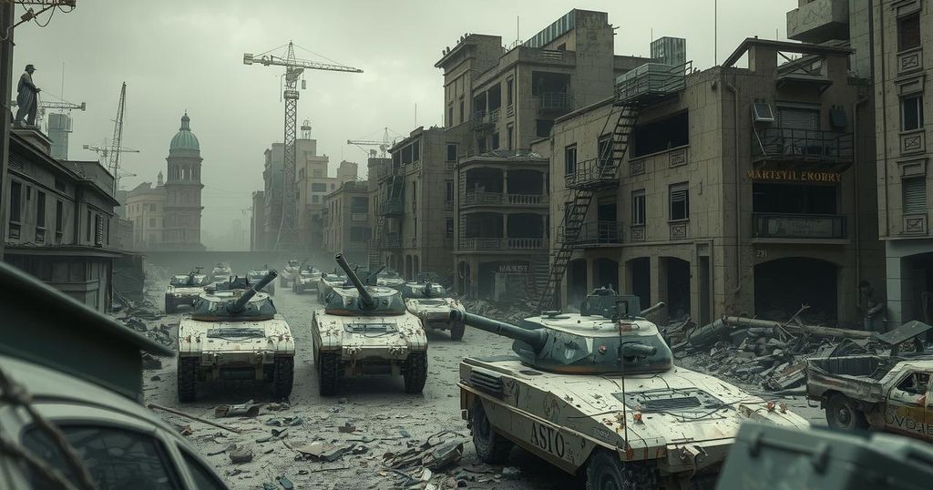 A dramatic landscape of a war-torn city, showing destroyed armored vehicles and debris, rendered in a somber palette.