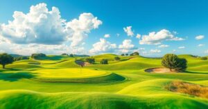 A scenic view of a golf course with lush greenery and a clear blue sky, showcasing a serene golfing atmosphere.