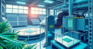 A futuristic chip manufacturing facility showcasing advanced technology and collaboration in a clean energy environment.