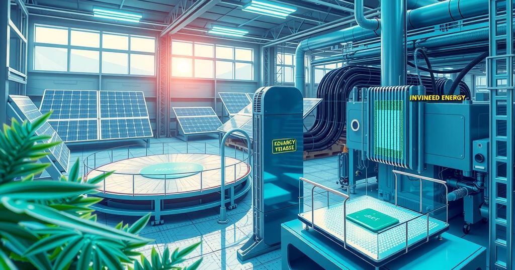 A futuristic chip manufacturing facility showcasing advanced technology and collaboration in a clean energy environment.