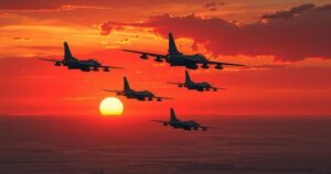 A dramatic scene of military aircraft soaring over barren landscapes symbolizing conflict and tension.