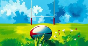 A rugby field with a ball and goal posts, set during a sunny day, showcasing vibrant green grass and blue skies.