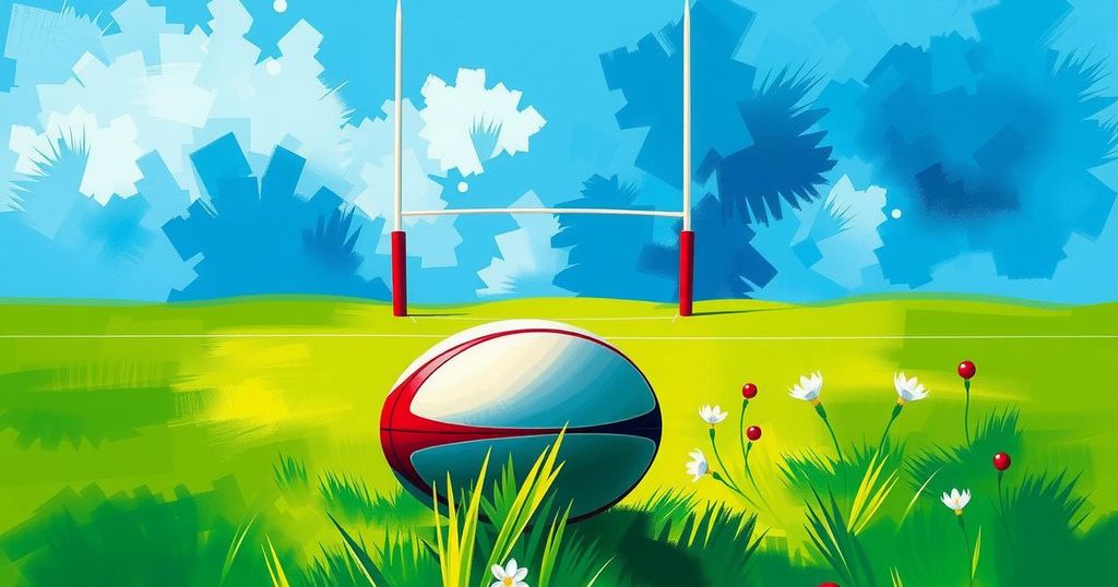 A rugby field with a ball and goal posts, set during a sunny day, showcasing vibrant green grass and blue skies.