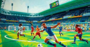 A vibrant soccer stadium filled with energy during a match, capturing the spirit of competition.