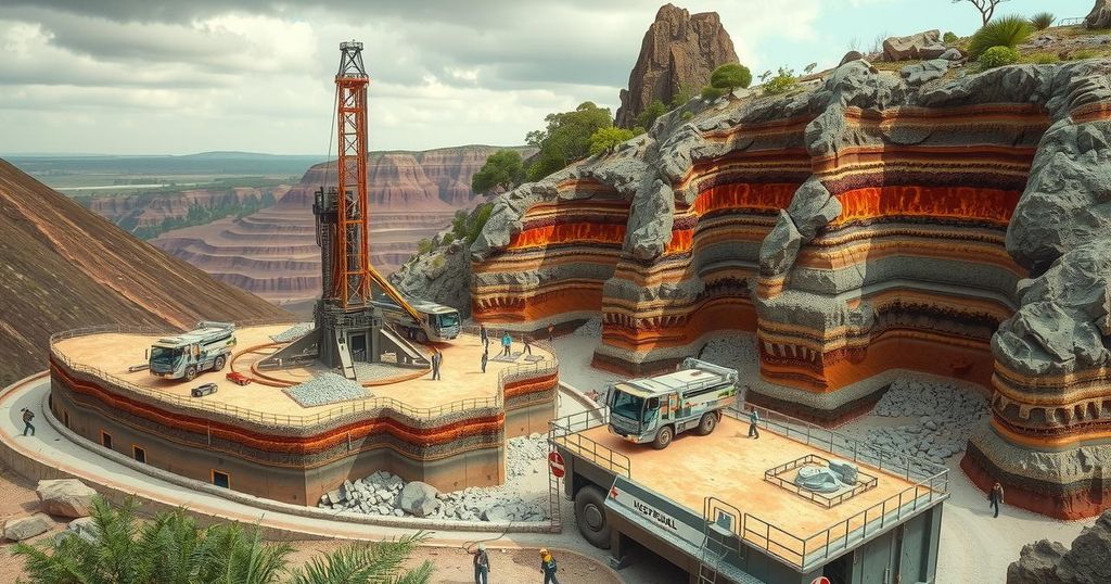 A deep copper drilling site in Zambia's Copperbelt showcasing mineral exploration, drill rigs, and rugged terrain.
