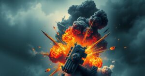 An abstract representation of a military operation featuring dark clouds and explosions over nuclear sites in a dramatic style.