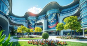 Conceptual design of a modern shopping mall with sleek architecture and vibrant landscaping in refreshing colors.