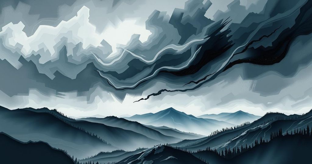 A landscape of distant mountains with dramatic cloud formations conveying tension, resonating with themes of conflict.