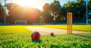 A cricket field under bright sunlight, with stumps and a cricket ball surrounded by lush green grass.
