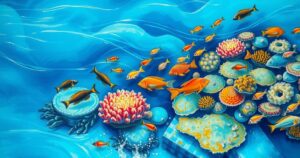Vibrant landscape showcasing marine life and sustainable fishing, illustrating Comoros' blue economy potential.