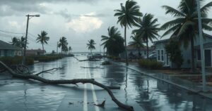 Cleanup effort in Puerto Escondido post-hurricane, showcasing debris and flooded streets under a cloudy sky.