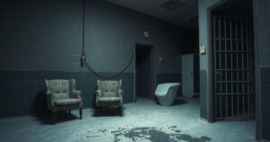 A somber scene depicting a dark, dimly lit cell with bare walls and minimal furnishings, illustrating confinement.