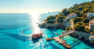 A serene Mediterranean landscape with a focus on Cyprus's coastline and energy resources.