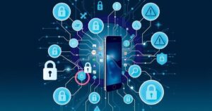 A smartphone surrounded by various digital security icons and symbols representing cyber threats and defenses.