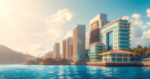 A scenic view of Beirut's skyline, featuring vibrant colors, symbolizing economic recovery and growth in Lebanon.