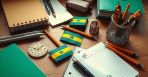 A group of school supplies and books with Ghanaian flags, symbolizing student scholarship struggles in the UK.