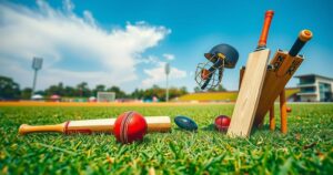 A cricket field with equipment and a scoreboard set in a vibrant landscape during a sunny day.