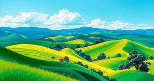 A serene landscape of Uganda showcasing rolling hills and a bright blue sky, symbolizing hope and development.