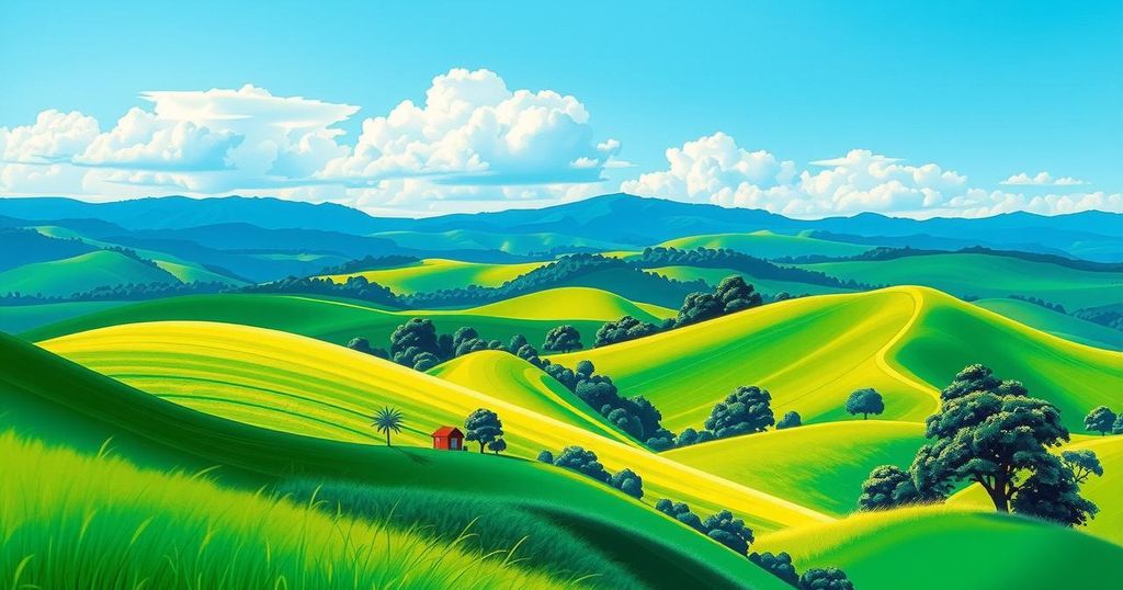A serene landscape of Uganda showcasing rolling hills and a bright blue sky, symbolizing hope and development.