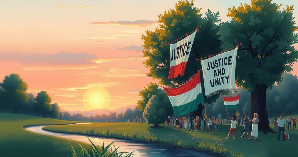 A thoughtful landscape showing a peaceful protest scene, with symbolic elements representing justice and unity.