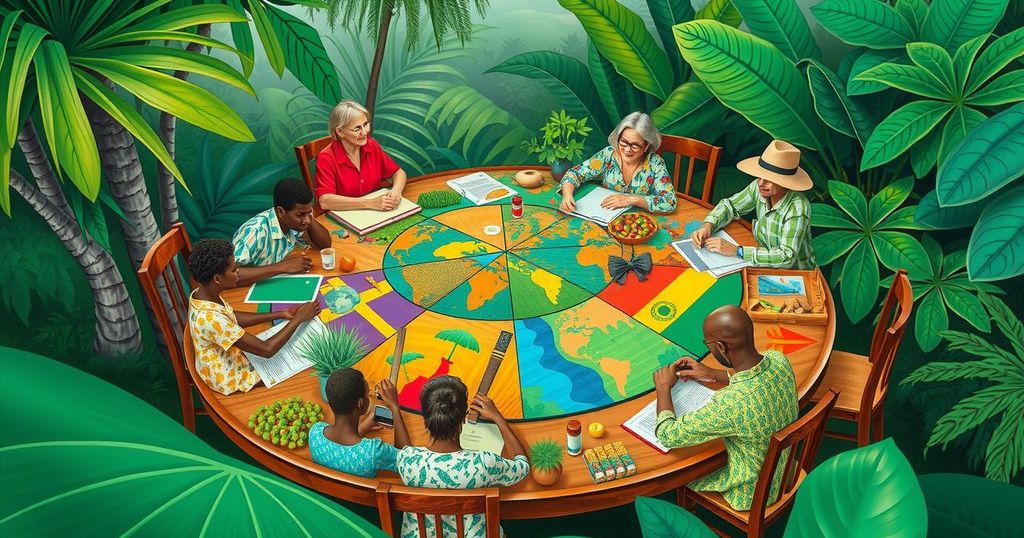 Roundtable on land governance with diverse stakeholders discussing sustainable reforms in vibrant tropical setting.