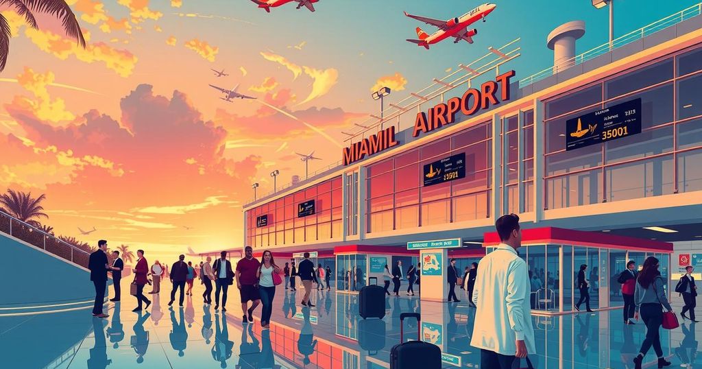 A busy Miami International Airport with travelers and planes, symbolizing the impact of new travel restrictions.