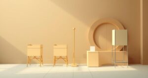 A stylized representation of a political election scene with ballot boxes and voting booths, using muted earth tones.