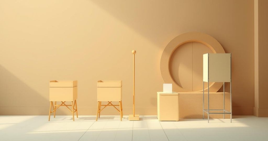 A stylized representation of a political election scene with ballot boxes and voting booths, using muted earth tones.