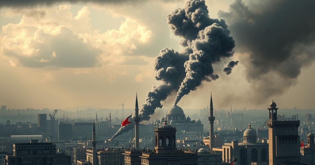 Smoke billowing over Tehran skyline after explosions, illustrating tensions in the region.