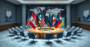 Diplomatic discussions represented by a gathering of flags from various nations and negotiation symbols in a conference room.