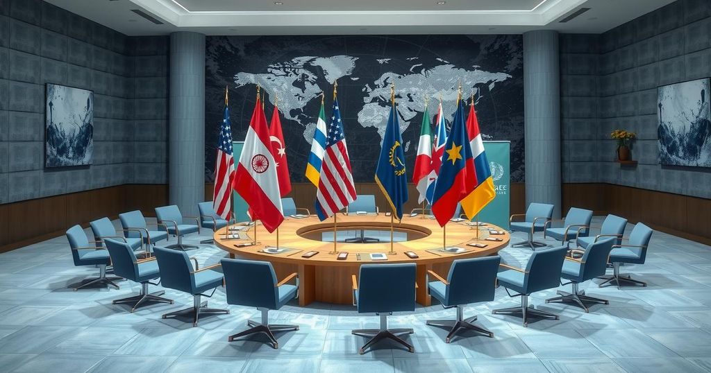 Diplomatic discussions represented by a gathering of flags from various nations and negotiation symbols in a conference room.