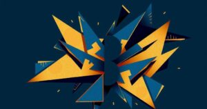 A colorful abstract representation of Columbia University's accreditation dispute with a dark blue and gold color scheme.