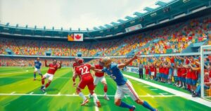 A vibrant football stadium scene during a friendly match, capturing excitement and team spirit in action.