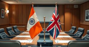 Diplomatic delegation meeting in London with India and UK flags, showcasing global collaboration against terrorism.