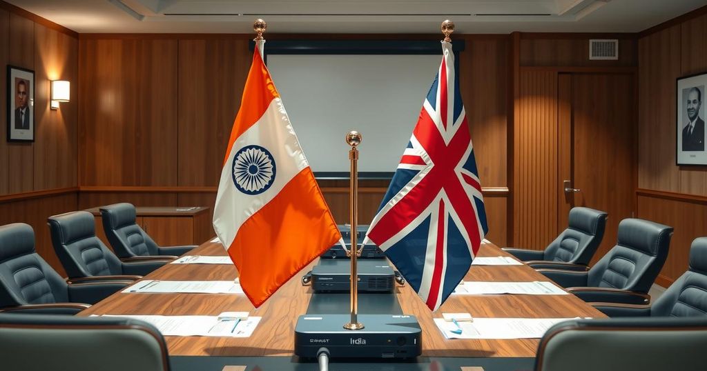 Diplomatic delegation meeting in London with India and UK flags, showcasing global collaboration against terrorism.