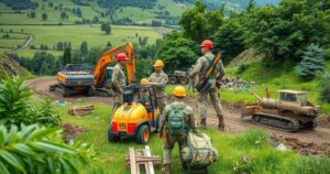 Military builders and deminers working in a green, rebuilt landscape showcasing cooperation between two nations.