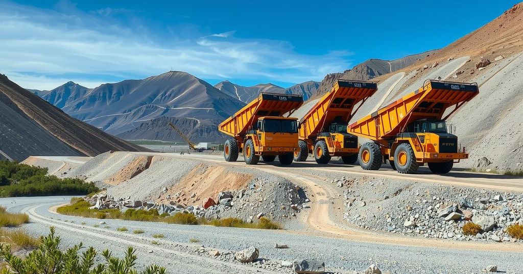 A serene mining site in Chile under clear blue skies with equipment and mountains in the background.
