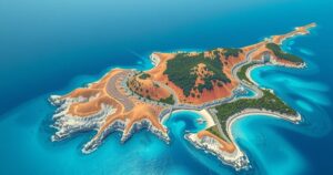 Aerial view of Cyprus highlighting its coastline and diverse landscapes, symbolizing India's strategic diplomatic ties.