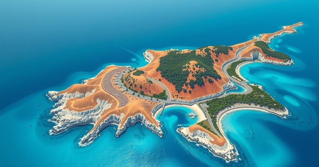 Aerial view of Cyprus highlighting its coastline and diverse landscapes, symbolizing India's strategic diplomatic ties.