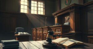 Dramatic courtroom scene with gavel, legal books, and a tense atmosphere representing a high-profile trial.