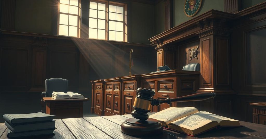 Dramatic courtroom scene with gavel, legal books, and a tense atmosphere representing a high-profile trial.