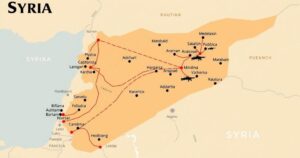 A military map depicting Syria showing strategic locations and troop movements in a neutral color scheme.