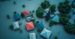 Aerial view of a flooded landscape, with submerged homes and roads amidst greenery, exemplifying natural disaster impact.
