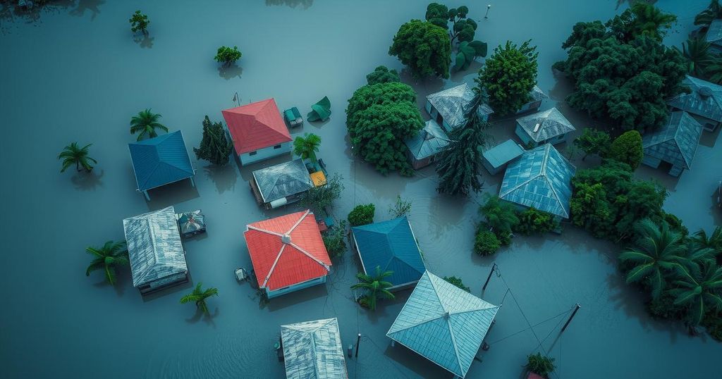 Aerial view of a flooded landscape, with submerged homes and roads amidst greenery, exemplifying natural disaster impact.