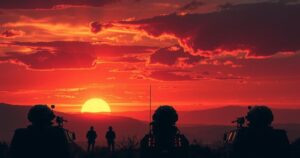 A dramatic landscape featuring military silhouettes against a sunset, symbolizing conflict and tension in geopolitics.