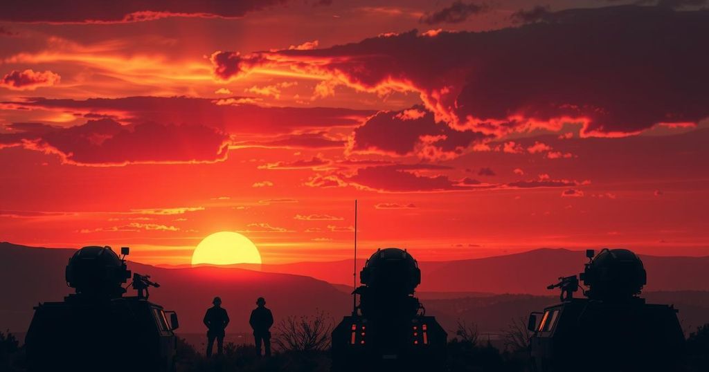 A dramatic landscape featuring military silhouettes against a sunset, symbolizing conflict and tension in geopolitics.