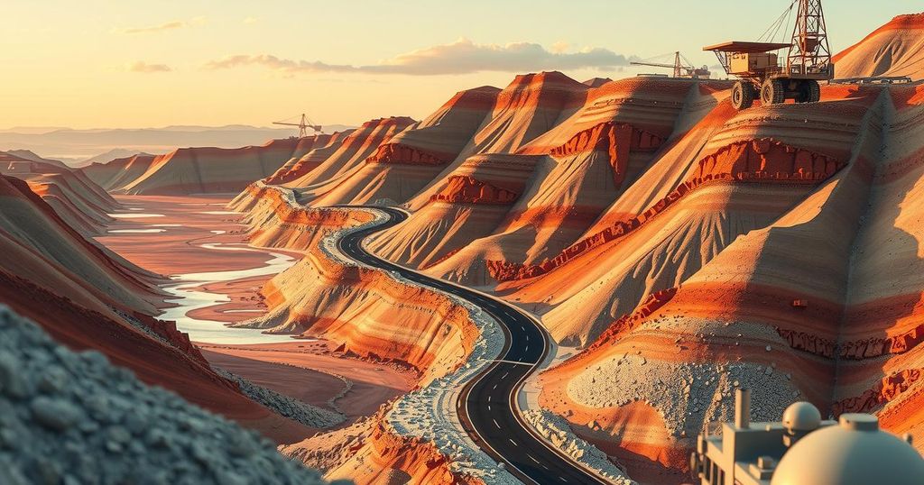 A vibrant, conceptual landscape showing a copper mine with symbolisms of election, politics, and economic growth.