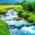 A serene landscape with clean water flowing through a rural area, illustrating the importance of sanitation and hygiene.
