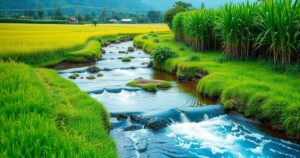 A serene landscape with clean water flowing through a rural area, illustrating the importance of sanitation and hygiene.